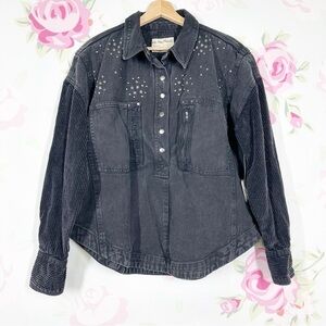 NEW Free People We The Free Lana Denim Washed Black Combo Pullover Shirt Top M